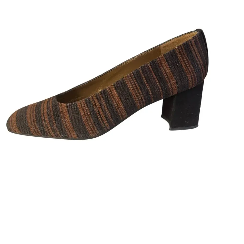 Stuart Weitzman Brown Black Striped Block Heels Shoes Size 8 AA Narrow